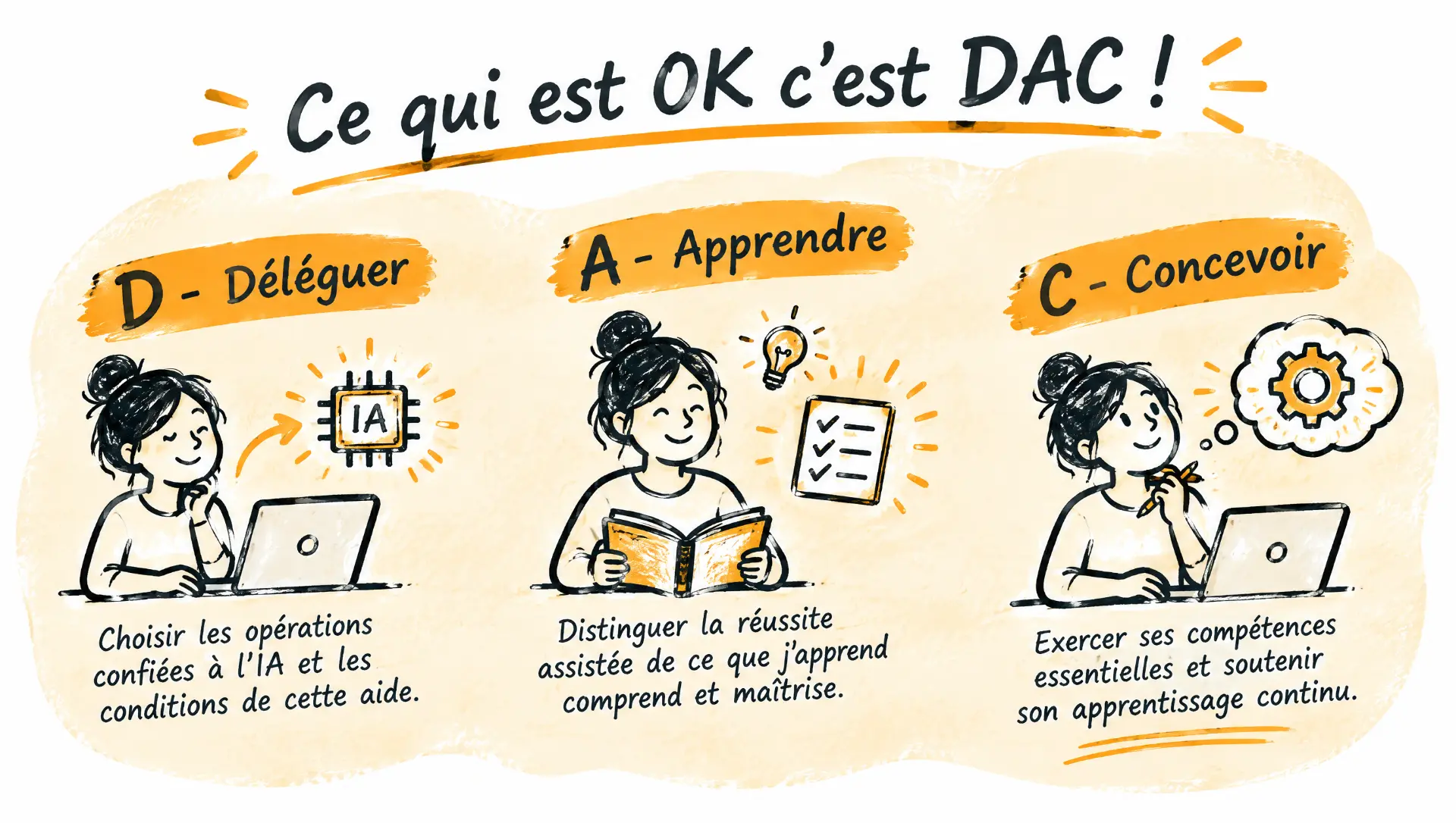 Ce qui est OK, c’est DAC ! D : Déléguer : choisir les opérations confiées à l’IA et les conditions de cette aide. A : Apprendre : distinguer la réussite assistée de ce que j’apprends, comprends et maîtrise. C : Concevoir : exercer ses compétences essentielles et soutenir son apprentissage continu.