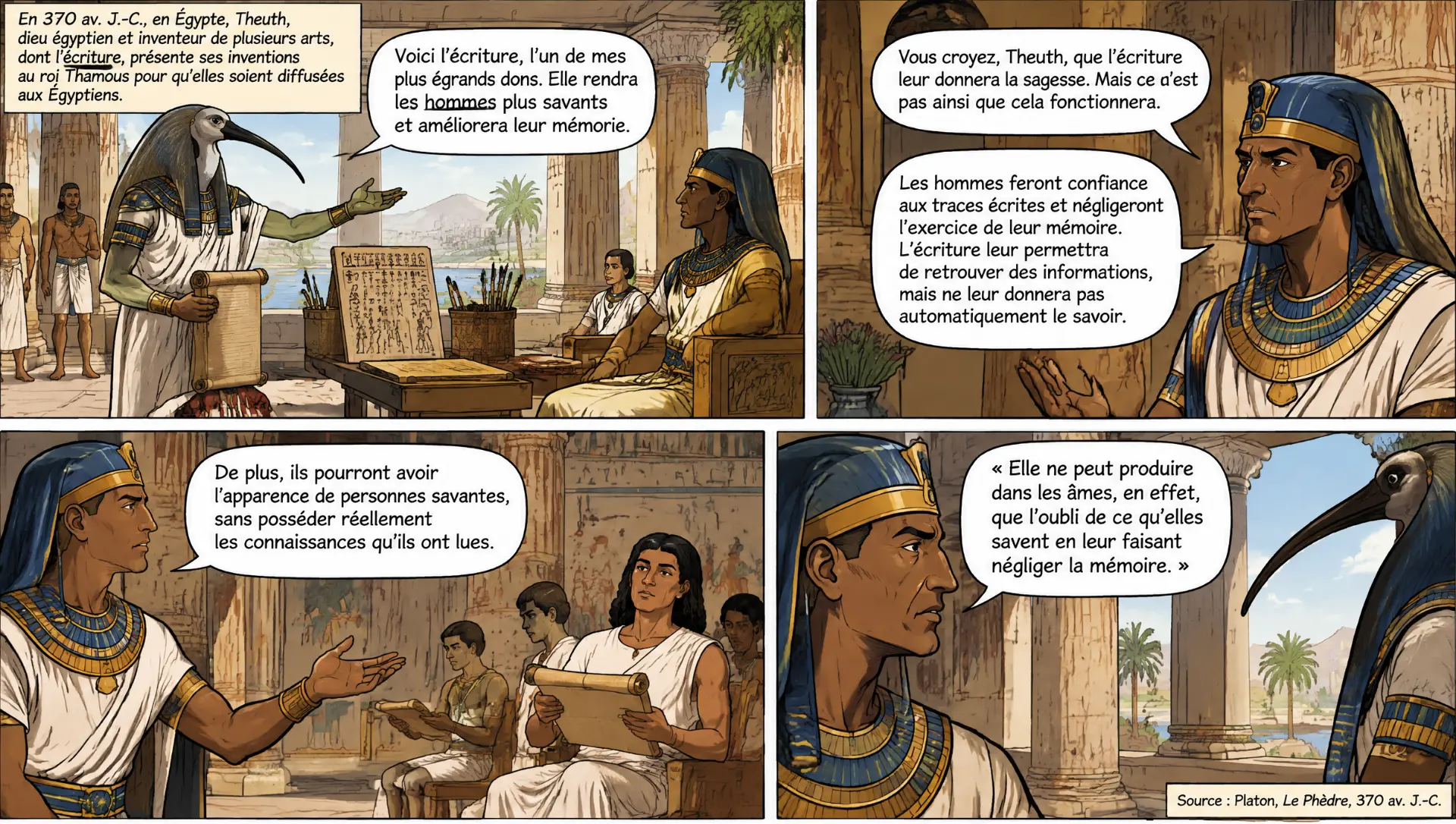 Bande dessinée : Theuth et Thamous discutent de l’écriture, de la mémoire et de l’apparence du savoir, d’après le Phèdre de Platon.
