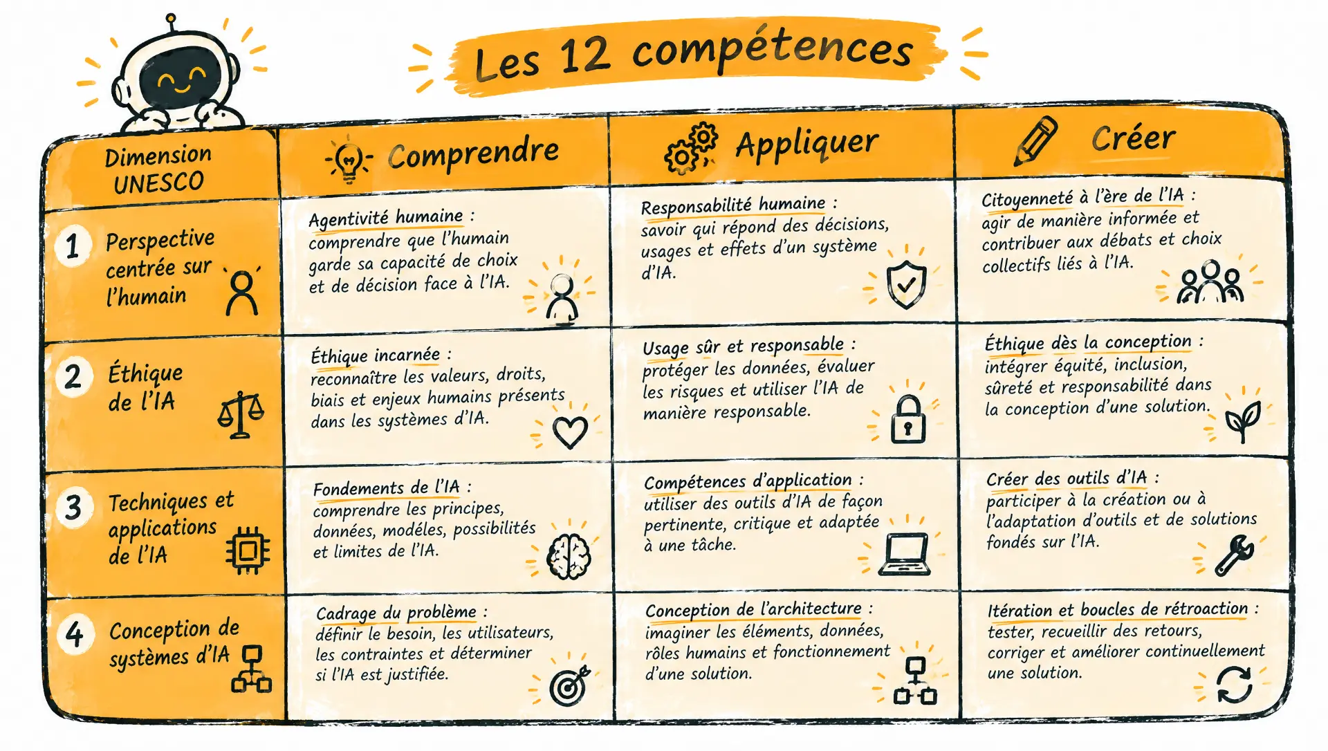 Les 12 compétences UNESCO : perspective centrée sur l’humain, éthique de l’IA, techniques et applications de l’IA, conception de systèmes d’IA. Chaque dimension progresse selon trois niveaux : comprendre, appliquer et créer.