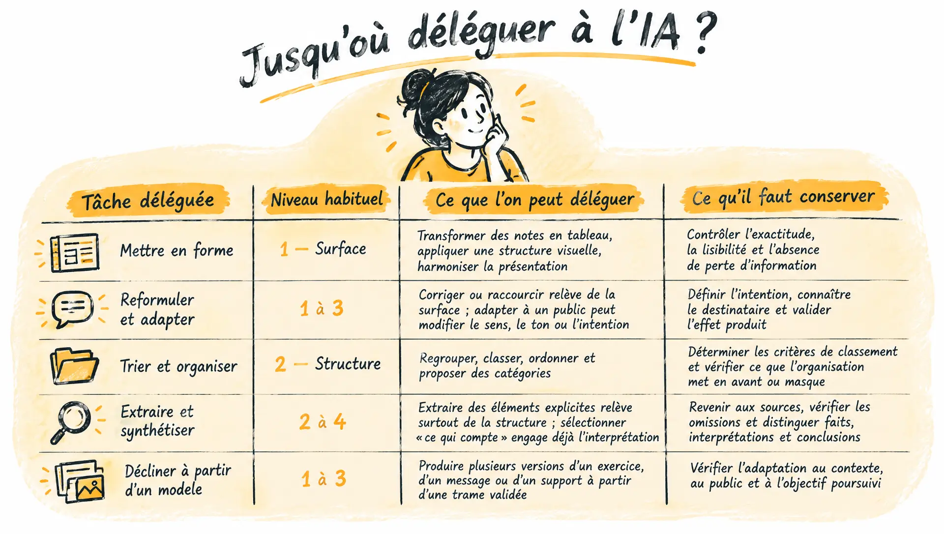 Jusqu’où déléguer à l’IA ? Le modèle des niveaux appliqué aux cinq familles de tâches : mettre en forme, reformuler et adapter, trier et organiser, extraire et synthétiser, décliner à partir d’un modèle, avec ce que l’on peut déléguer et ce qu’il faut conserver.
