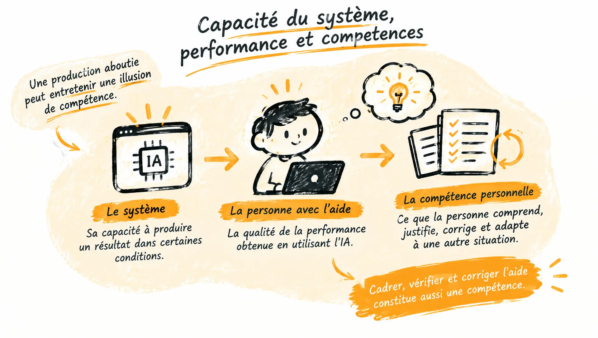 Capacité du système, performance et compétences : trois blocs reliés par des flèches. Le système et sa capacité à produire un résultat ; la personne avec l’aide et la qualité de la performance obtenue ; la compétence personnelle, ce que la personne comprend, justifie, corrige et adapte à une autre situation.